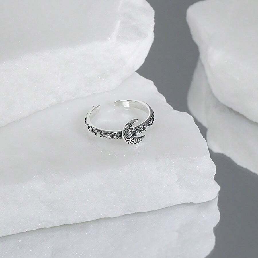 1 件时尚 S925 纯银星月开口戒指，复古经典月亮形戒指，个性化甜美酷炫学生校园配饰，星星戒指，适合男女在派对、聚会、约会和节日佩戴，附赠礼品盒 - 星月戒指 - 查看 1