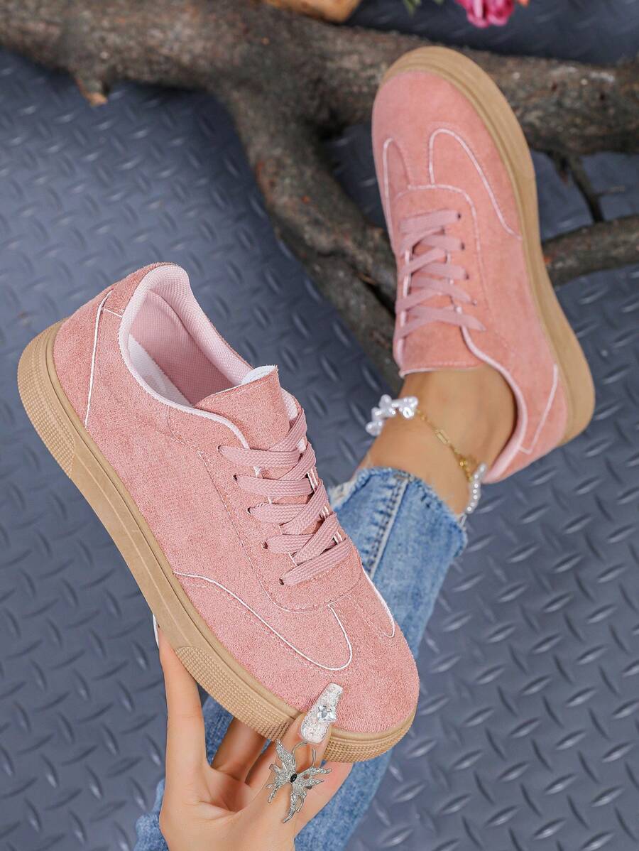 新款休閒運動鞋，時尚仿麂皮款女鞋，學生訓練鞋，綁帶式 - 粉色 - 查看 1