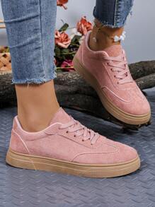 新款休閒運動鞋，時尚仿麂皮款女鞋，學生訓練鞋，綁帶式 - 粉色 - 查看 3