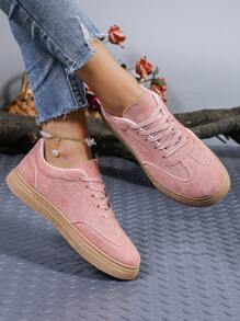 新款休閒運動鞋，時尚仿麂皮款女鞋，學生訓練鞋，綁帶式 - 粉色 - 查看 2