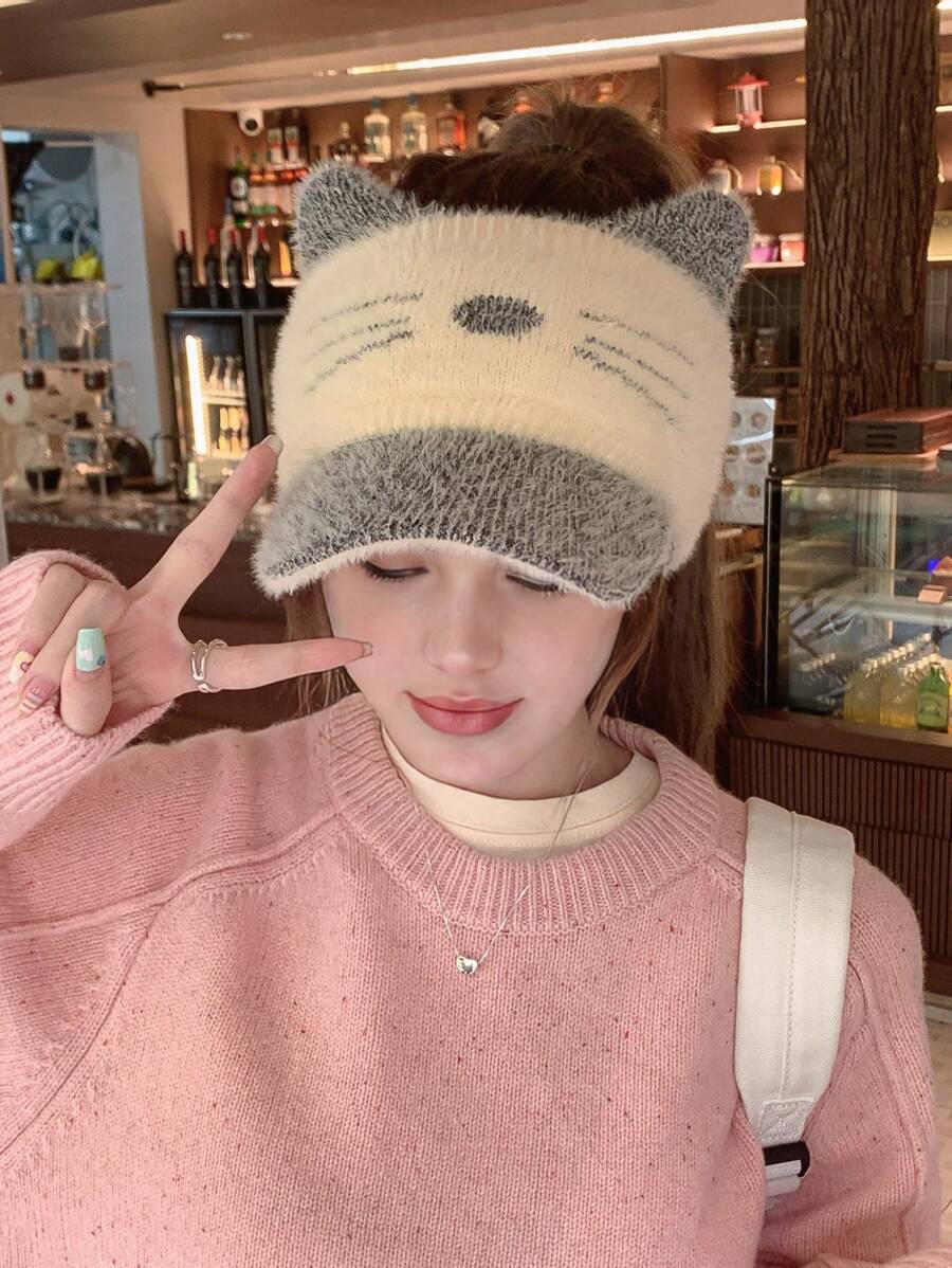 1pc Women's Winter Baseball Cap, Cute Cat Shape, Knitted Woolen Hat, Versatile Warm Baseball Cap, Suitable For Daily Use - Multicolor - View 1