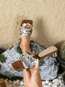 法式風格華麗閃亮厚跟高跟鞋，女士夏季時尚羅馬涼鞋，開口式腳踝帶涼鞋