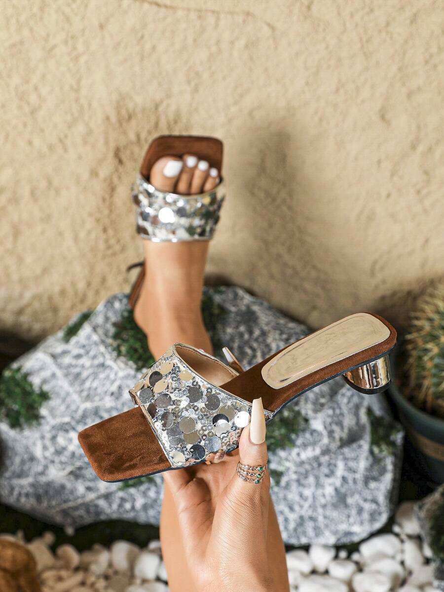 法式風格華麗閃亮厚跟高跟鞋，女士夏季時尚羅馬涼鞋，開口式腳踝帶涼鞋