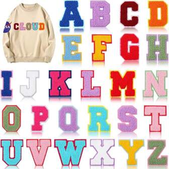 1pc/26pcs Chenille Alphabet A-Z Iron-On Patch, Embroidered Applique For Fabric Clothing Hats Jackets Shirts, Felt Alphabet Sticker, Colorful Hole Repair For Clothes Backpack Hat, DIY Apparel Accessory, Plush English Letter Decorative Patch
