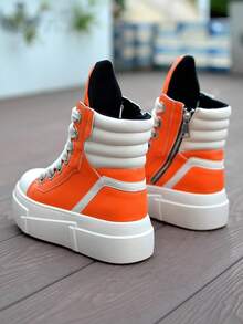 Women Orange High Top Sneakers Mixed Color Leather Sports Shoes Flat Platform Fashion Cowgirl Ankle Boots Casual Soft Comfortable Retro Flats - Orange White - View 9