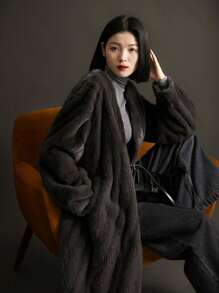 Medium Length V-Neck Women's Coat Made Of Cashmere - Dark Grey - View 1