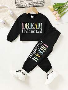 Young Girl Letter Element Crew Neck Long Sleeve Sweatshirt And Jogger Sweatpants 2-Piece Set - Black - View 2