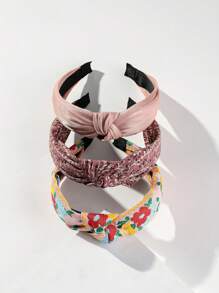 3pcs/Set Solid Color & Floral Printed Wide Brim Fabric Style Headbands With Faux Pearls For Beach Vacation Boho - Multicolor - View 2