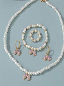 5pcs/Set High-End Faux Pearl & Bow Necklace, Bracelet, Earrings And Ring Jewelry Set, Suitable For Girls Wearing To Banquet And Ball - Bow - View 6