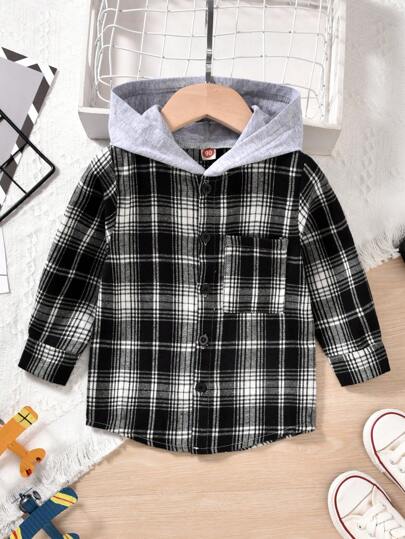 Vihyde 1 pezzo Camicia con cappuccio a maniche lunghe casual con patchwork a quadri per ragazzo giovane