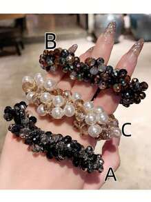 Party 3pcs/1pc Women's Multicolor Faux Pearl & Rhinestone Beaded Hair Tie, Wrist Band, Luxury Style Bracelet Hair Band, Hair Accessories Accessories