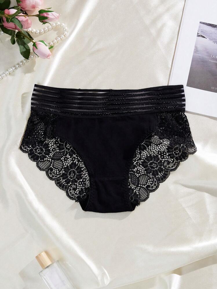 FOVTY 3pcs Solid Color Lace Edge Plus Size Women's Panties, All Black - Black - View 3