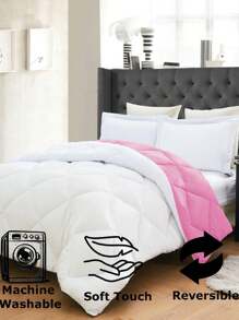 3PC Reversible 2-Tone Comforter Set With 2 Pillow Shams - 2 Different Colors! Duvet Insert - White & Pink - View 4
