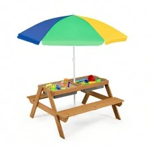 3-In-1 Kids Outdoor Picnic Water Sand Table With Umbrella Play Boxes - Yellow - View 2
