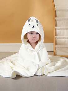 1入組嬰兒灰色熊耳刺繡圖案帶兜帽浴巾，可作毛毯使用