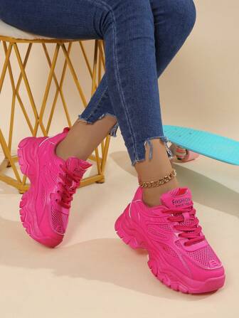 Women's Round Toe Casual Lace-Up Solid Color Comfortable Lightweight Running Sports Sneakers