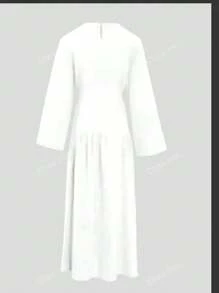 Women Long Dress With Round Collar And Wide Waist Belt, Casual Holiday Attire