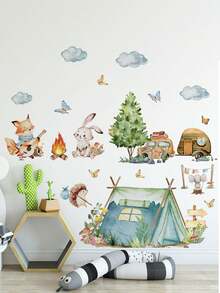 2pcs/Set Cartoon Animal Bonfire Party Tent Backdrop Wall Sticker For Children's Room Or Kindergarten Self-Adhesive Wall Decor Vinyl Decal,For Bedroom Decor,Room Decor Items,For Halloween Decor,Fall Decor,Classroom Decorations,Removable Sticker - Multicolor - View 4