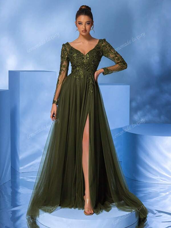 Dark Green Beaded V-Neck Long Sleeve High Slit Tulle Ballgown Evening Dress Elegant Formal Prom Wedding Guest Dress, For Graduation, Dinner Party Dress