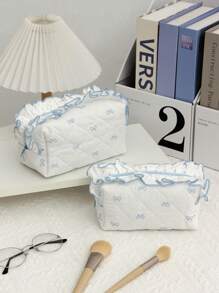 1Pc Cute Bow Knot Pattern Multifunctional Checkerboard Makeup Bag,Sanitary Bag,Coin Bag ,Pink Square Cosmetic Bag Large Capacity Make Up Bag Large Capacity For Travel ,Makeup Bag Makeup Pouch Skincare Bag - Blue - View 1