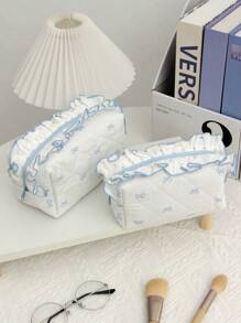 1Pc Cute Bow Knot Pattern Multifunctional Checkerboard Makeup Bag,Sanitary Bag,Coin Bag ,Pink Square Cosmetic Bag Large Capacity Make Up Bag Large Capacity For Travel ,Makeup Bag Makeup Pouch Skincare Bag - Blue - View 2