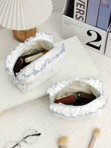 1Pc Cute Bow Knot Pattern Multifunctional Checkerboard Makeup Bag,Sanitary Bag,Coin Bag ,Pink Square Cosmetic Bag Large Capacity Make Up Bag Large Capacity For Travel ,Makeup Bag Makeup Pouch Skincare Bag - Blue - View 3