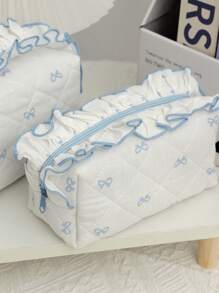 1Pc Cute Bow Knot Pattern Multifunctional Checkerboard Makeup Bag,Sanitary Bag,Coin Bag ,Pink Square Cosmetic Bag Large Capacity Make Up Bag Large Capacity For Travel ,Makeup Bag Makeup Pouch Skincare Bag - Blue - View 5