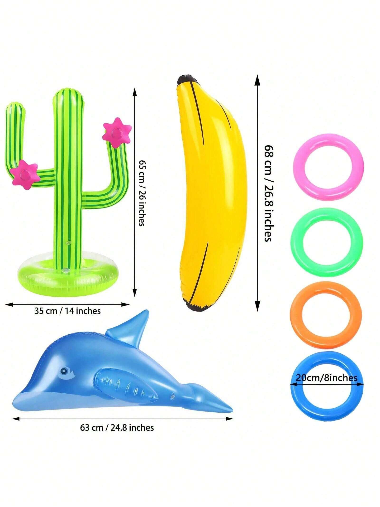 Set De 15 Pièces Piscine Gonflable – 2 Palmiers, Flamant, Requin, Banane, Perroquet – Jeu Lancer D’Anneaux – Fête Hawaïenne