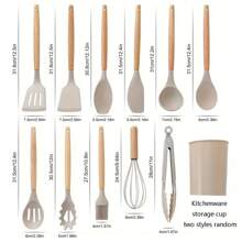 12件套木柄硅胶厨房用具套装，不粘锅具，包括锅铲、汤勺、漏勺、刷子、食物夹、打蛋器等烹饪工具，适用于家庭、餐厅、烹饪和烘焙，易于清洁且耐热。 - 彩色 - 查看 7