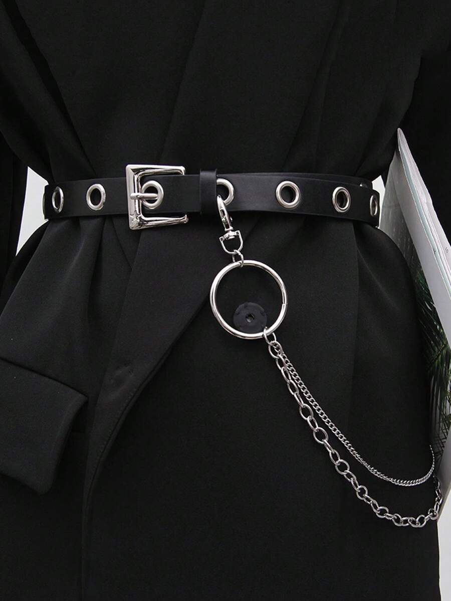 街头时尚 1 件女士几何扣腰带和 1 条裤链，时尚连衣裙装饰，夏季、秋季、万圣节 - 銀色 - 查看 1