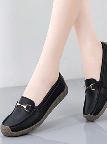 Women's Black Casual Loafers With Hand-Stitching &Metal Buckle. Elegant Women Flats, Lightweight Leather Shoes. - Black - View 6