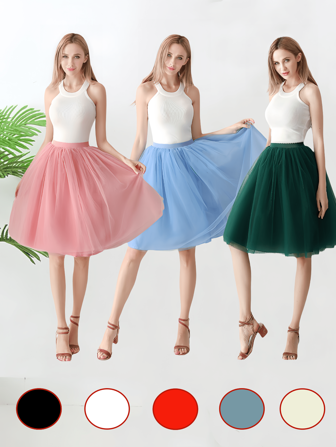 1pc Women High Waist Mid-Length Solid Color Tulle Skirt, Pink, Powder Blue, Champagne, Blue Grey, White, Red, Black, Army Green, Rose Red, Royal Blue, Yellow, Fluffy Tutu Princess Skirt, 4-Layer Mesh With 1-Layer Lining, Bone-Free Skirt, Formal Dress, Party Gown, Dance Costume, Summer Mesh Skirt, Cosplay Decoration Skirt