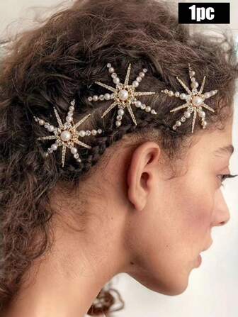 1pc Women's Gold-Colored Sunflower Six-Pointed Star Alloy Hair Comb With Rhinestones, Luxury And Elegant, Suitable For Daily Use,School Snowflake