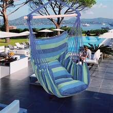 Hammock Chair Macrame Swing,Distinctive Cotton Canvas Hanging Rope Chair With Pillows For Indoor And Outdoor Use - 藍色 - 查看 6