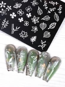 3 piezas Placa de estampado de uñas con encaje francés y diseño de flores, hojas y mariposas, molde para uñas, plantilla de impresión de arte de uñas como herramienta de manicura para salon de uñas y accesorios de uñas - Plateado - Ver 7