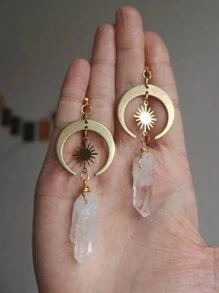 1pair Hippie  Sun Crescent Earrings Brass Color Witchy Jewelry Bohemia Birthday Magical Clear Stone Point Women Fashion Gift