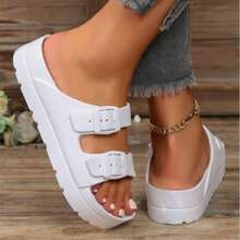 Womens Sandals Fashion Waterproof Adjustable Double Buckle Beach Slide Comfortable EVA Flat Shoes - 白色 - 查看 3