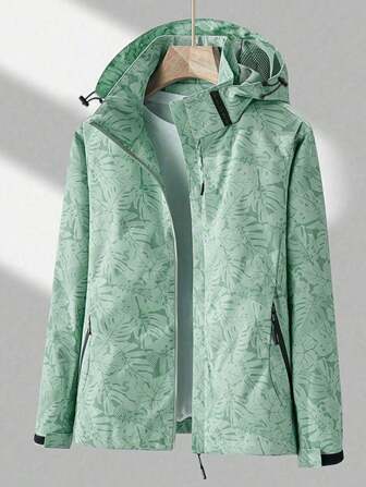 女士熱帶印花帽兜外套超大衣，戶外夾克