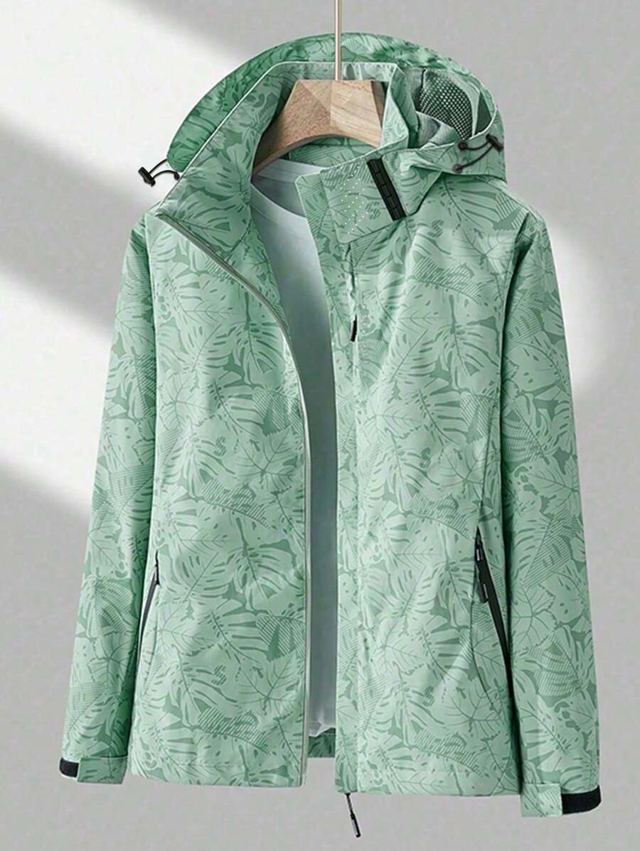 女士熱帶印花帽兜外套超大衣，戶外夾克 - 綠色 - 查看 1