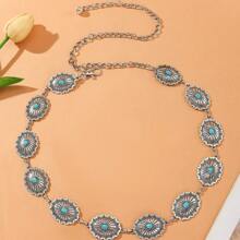 Dây thắt lưng chạm khắc hình bầu dục cổ điển, Dây thắt lưng kim loại bạc Bohemian dành cho nữ, Dây thắt lưng Kangqiao cổ điển, Trang sức cơ thể trang trọng có thể điều chỉnh cho Halloween mùa thu, Mùa thu, Halloween - Bạc - Xem 2