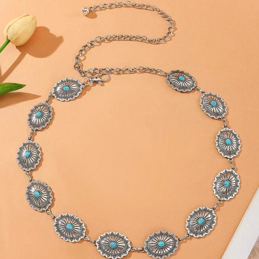 Dây thắt lưng chạm khắc hình bầu dục cổ điển, Dây thắt lưng kim loại bạc Bohemian dành cho nữ, Dây thắt lưng Kangqiao cổ điển, Trang sức cơ thể trang trọng có thể điều chỉnh cho Halloween mùa thu, Mùa thu, Halloween