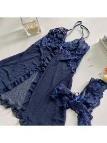性感內衣套裝,分離蕾絲睡裙和內衣 - 寶藍色 - 查看 7