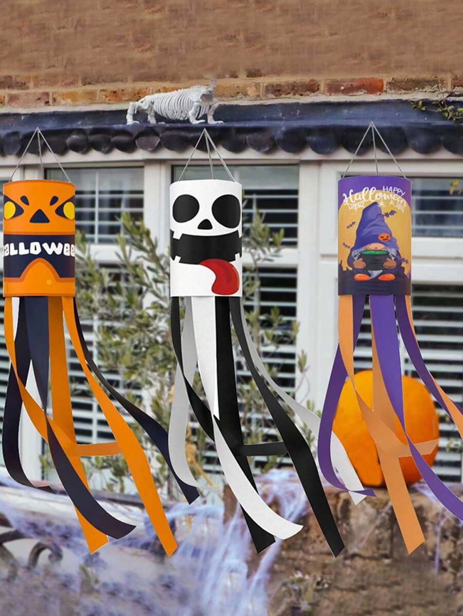 1pc Halloween Windsock Flag Spooky Cartoon Flag Wind Socks Pumpkin Bat Ghost Monster Outdoor Hanging Decorations - Multicolor - View 1