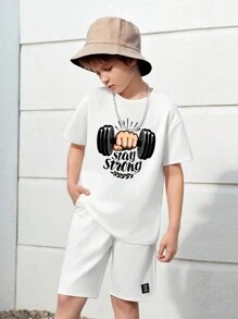 Tween Boys' Summer Dumbbell Letter Print Round Neck Casual Short Sleeve T-Shirt