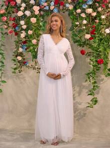 厚重优雅刺绣蕾丝孕妇晚礼服，适合派对 - 白色 - 查看 1