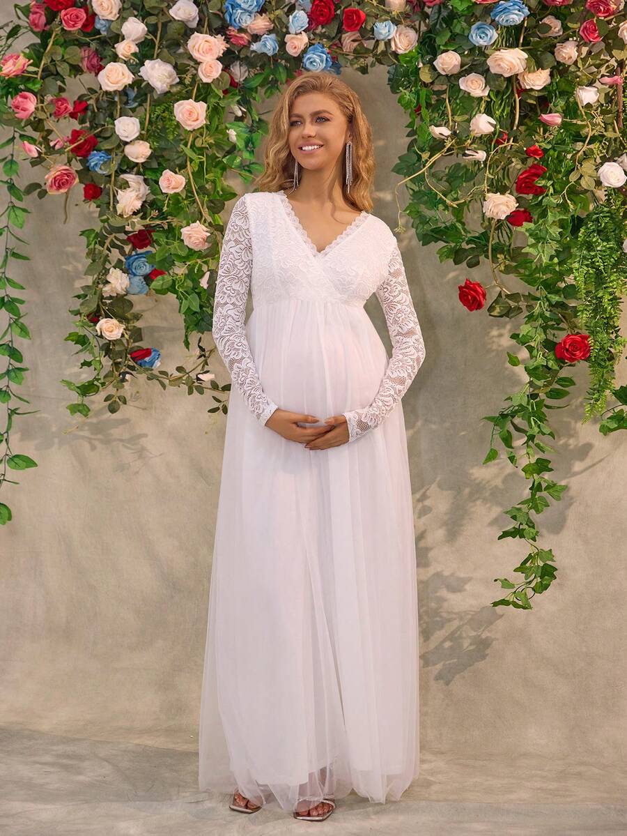 厚重优雅刺绣蕾丝孕妇晚礼服，适合派对 - 白色 - 查看 1