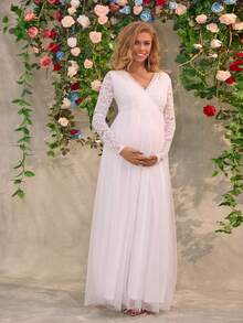 厚重优雅刺绣蕾丝孕妇晚礼服，适合派对 - 白色 - 查看 3