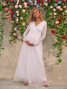 厚重优雅刺绣蕾丝孕妇晚礼服，适合派对 - 白色 - 查看 4