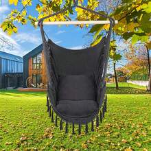Hammock Chair Macrame Swing,Distinctive Cotton Canvas Hanging Rope Chair With Pillows For Indoor And Outdoor Use - 黑色 - 查看 4