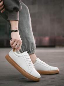 Men's Minimalist Style Black Detail Front Lace-Up Casual Sneakers, Comfortable Lightweight Outdoor Sports Skateboard Shoes - Brown - View 8